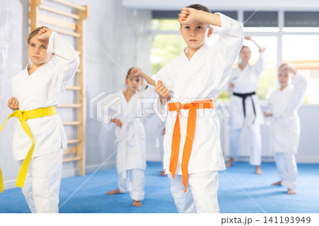 Children in kimono standing in fight stance during group karate training Children in kimono standing in fight stance during group karate training 141193949