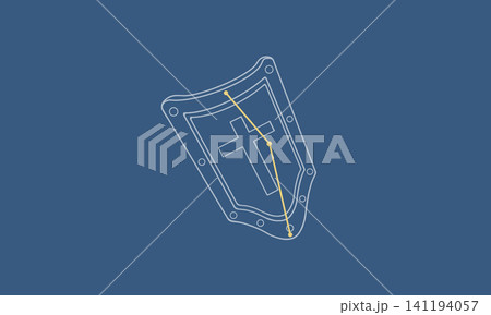 ネイビー色の背景に浮かぶたて座の線画イラスト(白線の盾の絵とゴールド色の星座線) ネイビー色の背景に浮かぶたて座の線画イラスト(白線の盾の絵とゴールド色の星座線) 141194057
