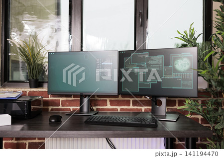 Empty coding room contains several monitors displaying source code, terminal windows and algorithms in a software development workspace, with the action centered on security, technology and a. Empty coding room contains several monitors displaying source code, terminal windows and algorithms in a software development workspace, with the action centered on security, technology and a. 141194470