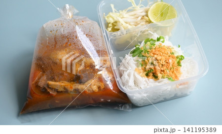 rice vermicelli with northern thai curry sauce in plastic bag rice vermicelli with northern thai curry sauce in plastic bag 141195389