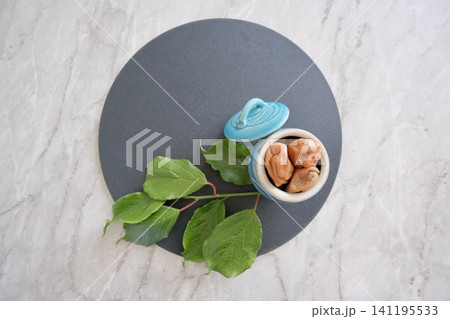 自家製梅干しと梅の葉の俯瞰写真 自家製梅干しと梅の葉の俯瞰写真 141195533