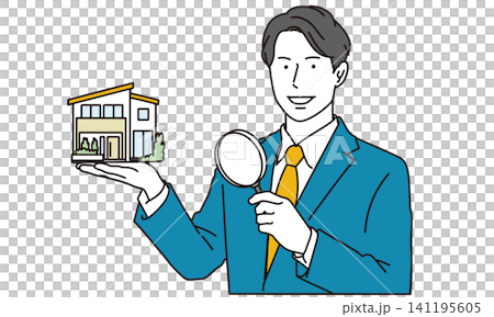 虫眼鏡で家の査定をする男性不動産業者のイメージイラスト 虫眼鏡で家の査定をする男性不動産業者のイメージイラスト 141195605