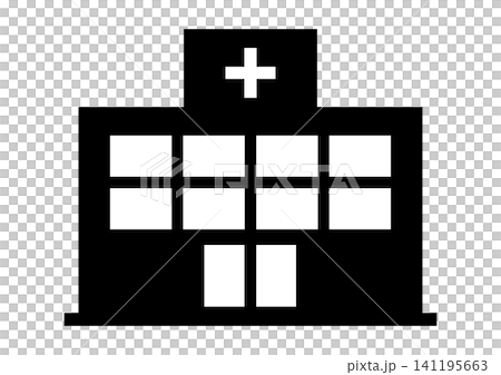 病院アイコン　医療　クリニック　救急　建物　診療所　ベクターイラスト　白黒 141195663