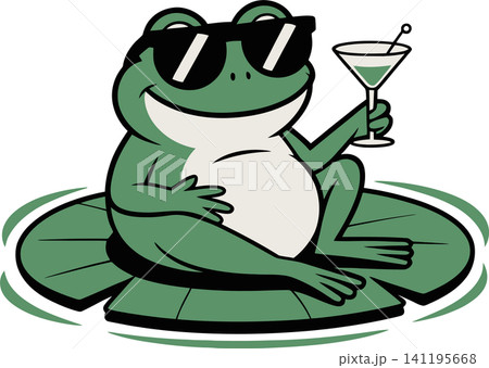 Cool Frog Holding Cocktail on Lily Pad Illustration Cool Frog Holding Cocktail on Lily Pad Illustration 141195668