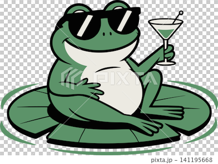 Cool Frog Holding Cocktail on Lily Pad Illustration Cool Frog Holding Cocktail on Lily Pad Illustration 141195668