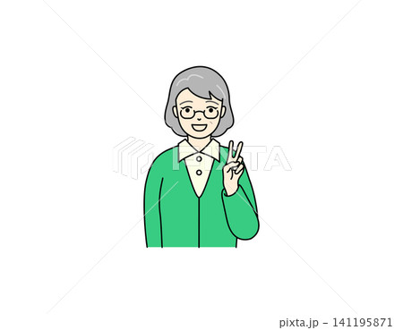 笑顔でピースサインをするシニア女性のイラスト 笑顔でピースサインをするシニア女性のイラスト 141195871