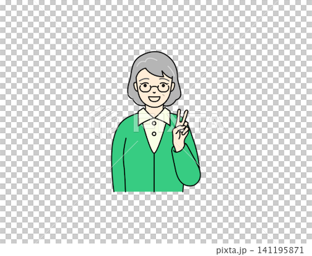 一幅插圖,描繪了一位面帶微笑並比出和平手勢的老婦人。 一幅插圖,描繪了一位面帶微笑並比出和平手勢的老婦人。 141195871