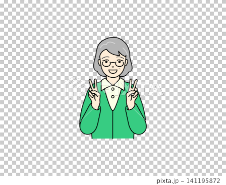 笑顔でダブルピースをするシニア女性のイラスト 笑顔でダブルピースをするシニア女性のイラスト 141195872