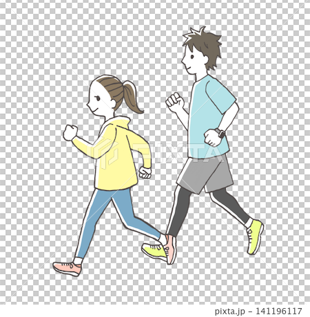 ジョギングをする男女 手描きイラスト 健康 運動 ライフスタイル ジョギングをする男女 手描きイラスト 健康 運動 ライフスタイル 141196117