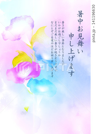 朝顔の水彩画による暑中見舞いの挨拶状 朝顔の水彩画による暑中見舞いの挨拶状 141196630