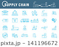 Supply chain and logistics icon set in thin line style. Vector illustrations of transportation, warehouse, delivery, manufacturing, and global cargo tracking operations. 141196672