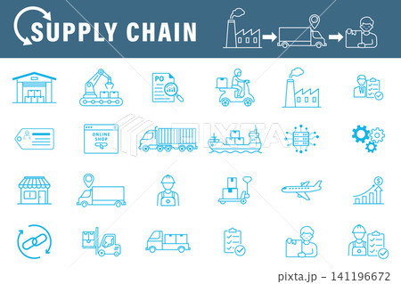 Supply chain and logistics icon set in thin line style. Vector illustrations of transportation, warehouse, delivery, manufacturing, and global cargo tracking operations. Supply chain and logistics icon set in thin line style. Vector illustrations of transportation, warehouse, delivery, manufacturing, and global cargo tracking operations. 141196672