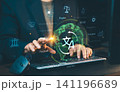 Businessman typing on keyboard with glowing globe translation interface, concept of digital international communication, multi language dictionary and learning app. 141196689