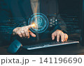 Businessman typing on keyboard and pointing at virtual AI Agents screen interface, showcasing smart business automation, data analysis, and advanced machine learning. 141196690
