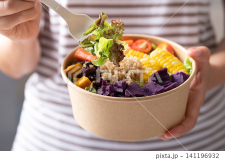 Salad lettuce, sweet corn, pumpkin, tomato, purple sweet potato, crab stick, azuki bean and quinao Salad lettuce, sweet corn, pumpkin, tomato, purple sweet potato, crab stick, azuki bean and quinao 141196932