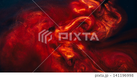 Sparkling ink blend. Dust fluid. Shimmering metallic particles paint copper red smoke flow. Mysterious color mix splash blur abstract black background. 141196998