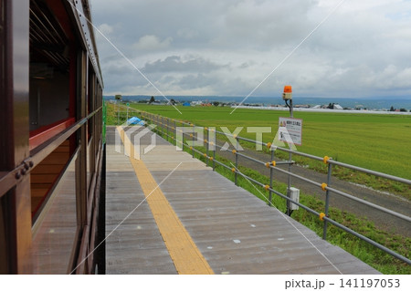 簡素な臨時駅 ラベンダー畑駅に停車したノロッコ号と大雪山方面の景色 簡素な臨時駅 ラベンダー畑駅に停車したノロッコ号と大雪山方面の景色 141197053