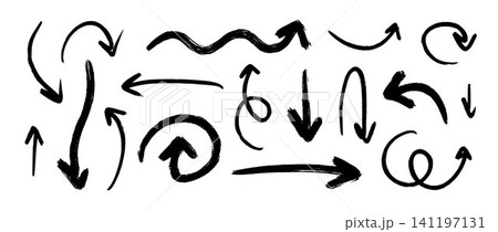 Thin and thick hand drawn arrows set. Sketch arrow doodle collection. Scribbled wavy pointer and curve direction line pack. Vector chalk pencil brush stroke bundle for business poster, brochure, plan 141197131