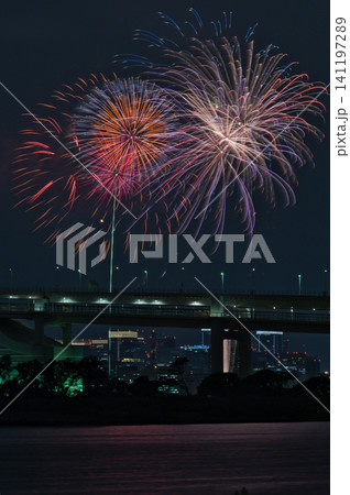 夏の夜空に咲く花火　東京湾花火大会　高く輝く花火大会　花火　花火イメージ　花火大会 141197289