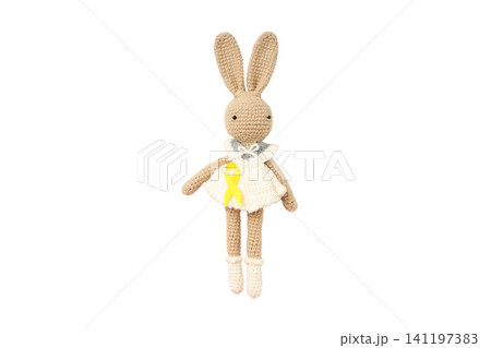 Crochet rabbit doll wearing a dress and ribbon, isolated on white, PNG Crochet rabbit doll wearing a dress and ribbon, isolated on white, PNG 141197383