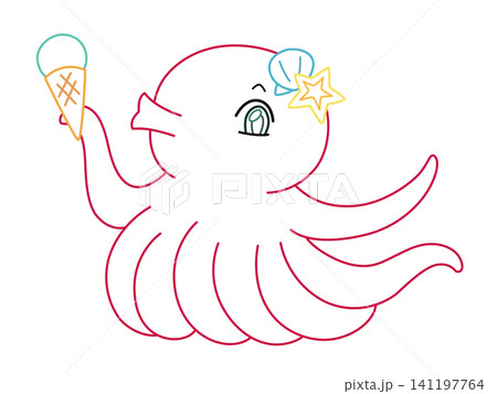 アイスクリームを持ったかわいいタコのイラスト カラー線画 アイスクリームを持ったかわいいタコのイラスト カラー線画 141197764