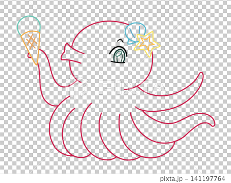 アイスクリームを持ったかわいいタコのイラスト カラー線画 アイスクリームを持ったかわいいタコのイラスト カラー線画 141197764