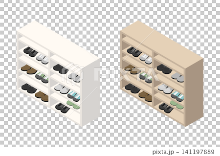 スニーカーや上履きが並ぶオフィスのオープン下駄箱のイラスト スニーカーや上履きが並ぶオフィスのオープン下駄箱のイラスト 141197889