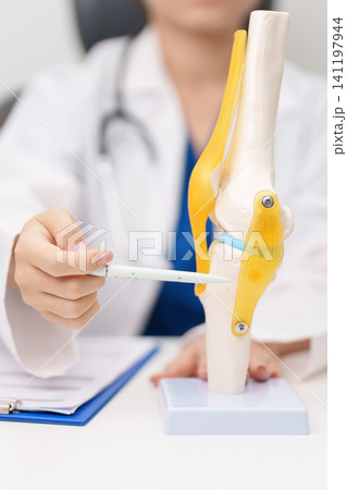 Doctor with Human Knee joint anatomy model. Osteoarthritis, Patellofemoral Pain Syndrome, Patellar Tendinitis, ACL, Anterior Cruciate Ligament, PCL, Posterior, MCL, Medial Collateral, LCL and Lateral Doctor with Human Knee joint anatomy model. Osteoarthritis, Patellofemoral Pain Syndrome, Patellar Tendinitis, ACL, Anterior Cruciate Ligament, PCL, Posterior, MCL, Medial Collateral, LCL and Lateral 141197944