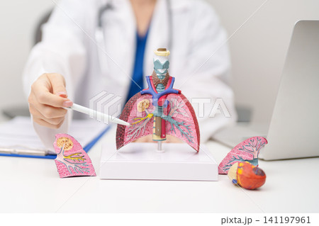 Doctor with Smoker Lung anatomy with magnifying glass. Lung Cancer, Asthma, Chronic Obstructive Pulmonary or COPD, Bronchitis, Emphysema, Cystic Fibrosis, Bronchiectasis, Pneumonia and world Lung day 141197961