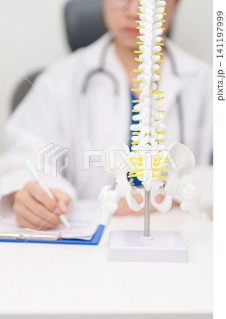 Doctor with human Spine anatomy model. Spinal Cord Disorder and disease, Back pain, Lumbar, Sacral pelvis, Cervical neck, Thoracic, Coccyx, Orthopedist, chiropractic, Office Syndrome and health Doctor with human Spine anatomy model. Spinal Cord Disorder and disease, Back pain, Lumbar, Sacral pelvis, Cervical neck, Thoracic, Coccyx, Orthopedist, chiropractic, Office Syndrome and health 141197999