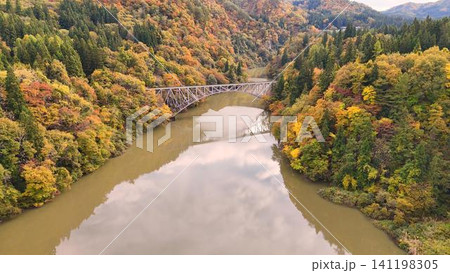 雄大な紅葉の渓谷を流れる只見川と第一只見川橋梁 雄大な紅葉の渓谷を流れる只見川と第一只見川橋梁 141198305