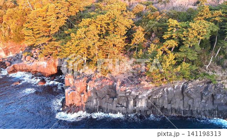 朝日に輝く大淀子淀の柱状節理と美しい海の絶景 朝日に輝く大淀子淀の柱状節理と美しい海の絶景 141198313