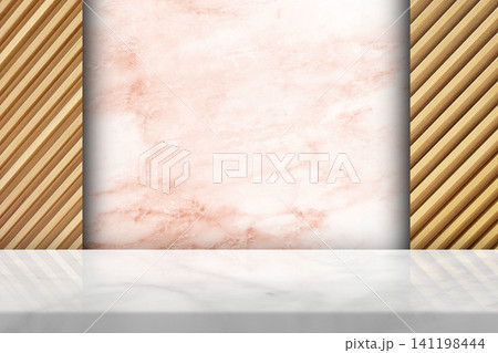 Elegant Marble Platform with Rose Gold Stone and Diagonal Wood Wall for Product Display. Elegant Marble Platform with Rose Gold Stone and Diagonal Wood Wall for Product Display. 141198444