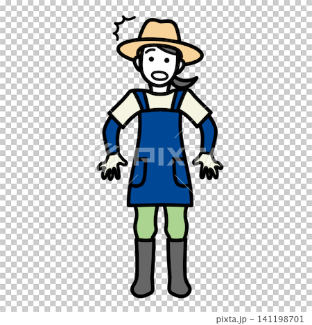 Illustration material: Full body of a smiling woman wearing a straw hat, apron, and boots, engaged in farming or gardening. Illustration material: Full body of a smiling woman wearing a straw hat, apron, and boots, engaged in farming or gardening. 141198701
