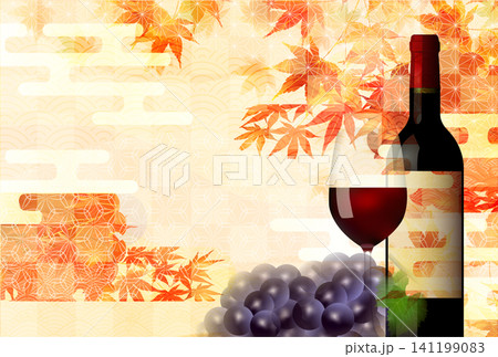 秋の紅葉と赤ワインのボトルとグラスの優雅なイラスト 秋の紅葉と赤ワインのボトルとグラスの優雅なイラスト 141199083