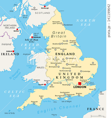 England, United Kingdom, political map with capital London. Country on island of Great Britain bordering Scotland and Wales, surrounded by the English Channel, and Celtic, Irish, and North Sea. Vector England, United Kingdom, political map with capital London. Country on island of Great Britain bordering Scotland and Wales, surrounded by the English Channel, and Celtic, Irish, and North Sea. Vector 141199642