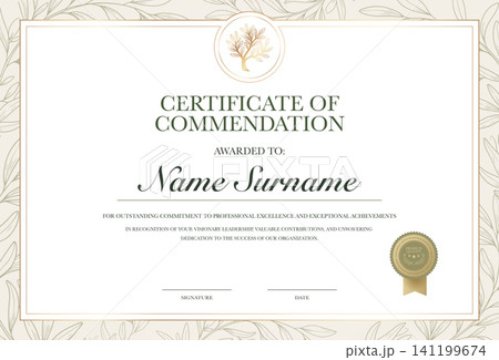 Vintage certificate of commendation template, elegant classic border line frame with tree emblem, luxury gold and green diploma award vector background for university, corporate or wellness. Vintage certificate of commendation template, elegant classic border line frame with tree emblem, luxury gold and green diploma award vector background for university, corporate or wellness. 141199674