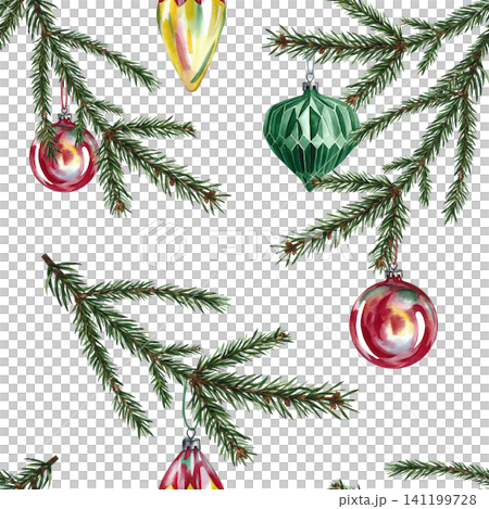 Christmas seamless pattern of fir branches and fir tree decorations. Hand-drawn watercolor illustration. For Christmas packaging, seasonal holiday prints, textiles, wallpaper, tablecloths, and more. 141199728