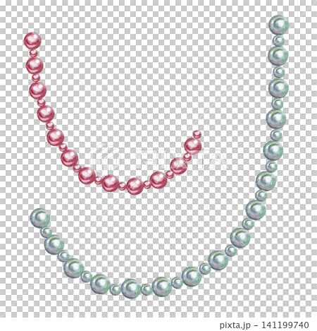 Pink and white pearl beads. Hand-drawn watercolor illustration. Isolate. Women's accessory or Christmas tree decoration. Design elements for postcards, banners, packaging, and more. Pink and white pearl beads. Hand-drawn watercolor illustration. Isolate. Women's accessory or Christmas tree decoration. Design elements for postcards, banners, packaging, and more. 141199740
