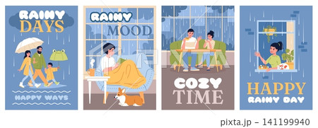 Cozy rainy day cards. People relaxing at home, walking under umbrellas, drinking coffee and enjoying warm hygge lifestyle, togetherness and family love classy vector cartoon isolated set Cozy rainy day cards. People relaxing at home, walking under umbrellas, drinking coffee and enjoying warm hygge lifestyle, togetherness and family love classy vector cartoon isolated set 141199940