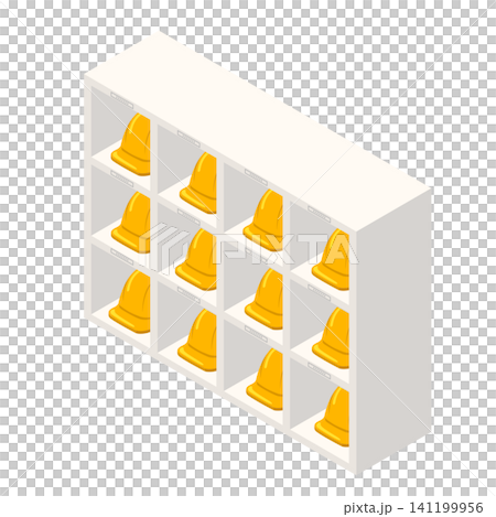 Yellow safety helmets lined up on a white storage shelf with a space for a name tag. Yellow safety helmets lined up on a white storage shelf with a space for a name tag. 141199956