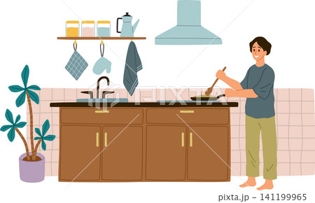 Person cooking at kitchen. Home cook, food in frying pan, everyday meal preparation, domestic routine in modern interior. Happy man dinner or breakfast making. Vector cartoon illustration 141199965