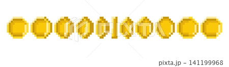 Pixel coin animation. Gold currency game sprites with different rotation frames, arcade, mobile game ui and apps, virtual currency digital banking qualitative vector cartoon retro style set 141199968