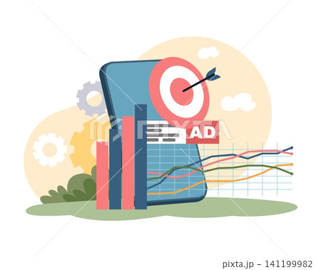 Digital marketing analytics. Targeted advertising, kpi charts, audience targeting, campaign performance, business strategy, optimization and data reporting vector cartoon isolated concept 141199982