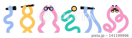 Long colorful hands hold binoculars. Funny search and visual discovery elements, abstract arms with telescope and magnifier in modern trendy, garish vector cartoon isolated minimal set Long colorful hands hold binoculars. Funny search and visual discovery elements, abstract arms with telescope and magnifier in modern trendy, garish vector cartoon isolated minimal set 141199996