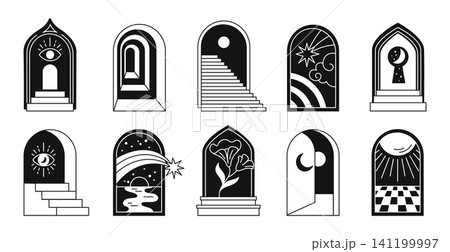 Mystic doorway symbols. Black white celestial arches, moon phases, stars, surreal landscapes, minimal boho magic portals, fantasy architecture, garish decorative design vector isolated set 141199997