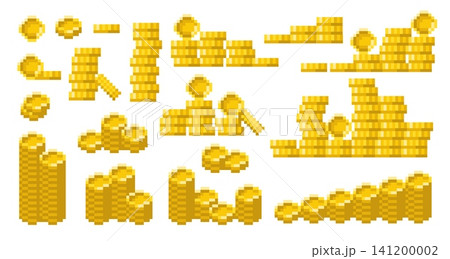 Pixel gold coins. Arcade game currency stacks in retro 8 bit style, treasure money assets, economy, finance, cash, wealth accumulation and digital economy qualitative vector isolated set Pixel gold coins. Arcade game currency stacks in retro 8 bit style, treasure money assets, economy, finance, cash, wealth accumulation and digital economy qualitative vector isolated set 141200002