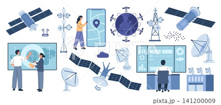 Satellite communication. Aerospace technology with gps navigation, radar antennas, mission control and wireless network, tracking and data transmission systems garish vector cartoon flat set Satellite communication. Aerospace technology with gps navigation, radar antennas, mission control and wireless network, tracking and data transmission systems garish vector cartoon flat set 141200009