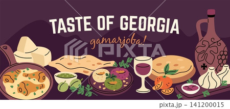 Traditional georgian cuisine elements. Tasty khachapuri, red wine, different sauces and authentic national food, horizontal banner design for oriental gastronomy menu, garish vector concept Traditional georgian cuisine elements. Tasty khachapuri, red wine, different sauces and authentic national food, horizontal banner design for oriental gastronomy menu, garish vector concept 141200015