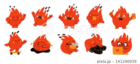 Cute fire character mascot. Funny emotions and activities, cartoon flame stickers pack for kids design, apps and branding, playful energy and expressive communication emoji garish vector set Cute fire character mascot. Funny emotions and activities, cartoon flame stickers pack for kids design, apps and branding, playful energy and expressive communication emoji garish vector set 141200039
